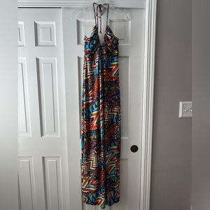 Colorful designer maxi dress with halter neck tie